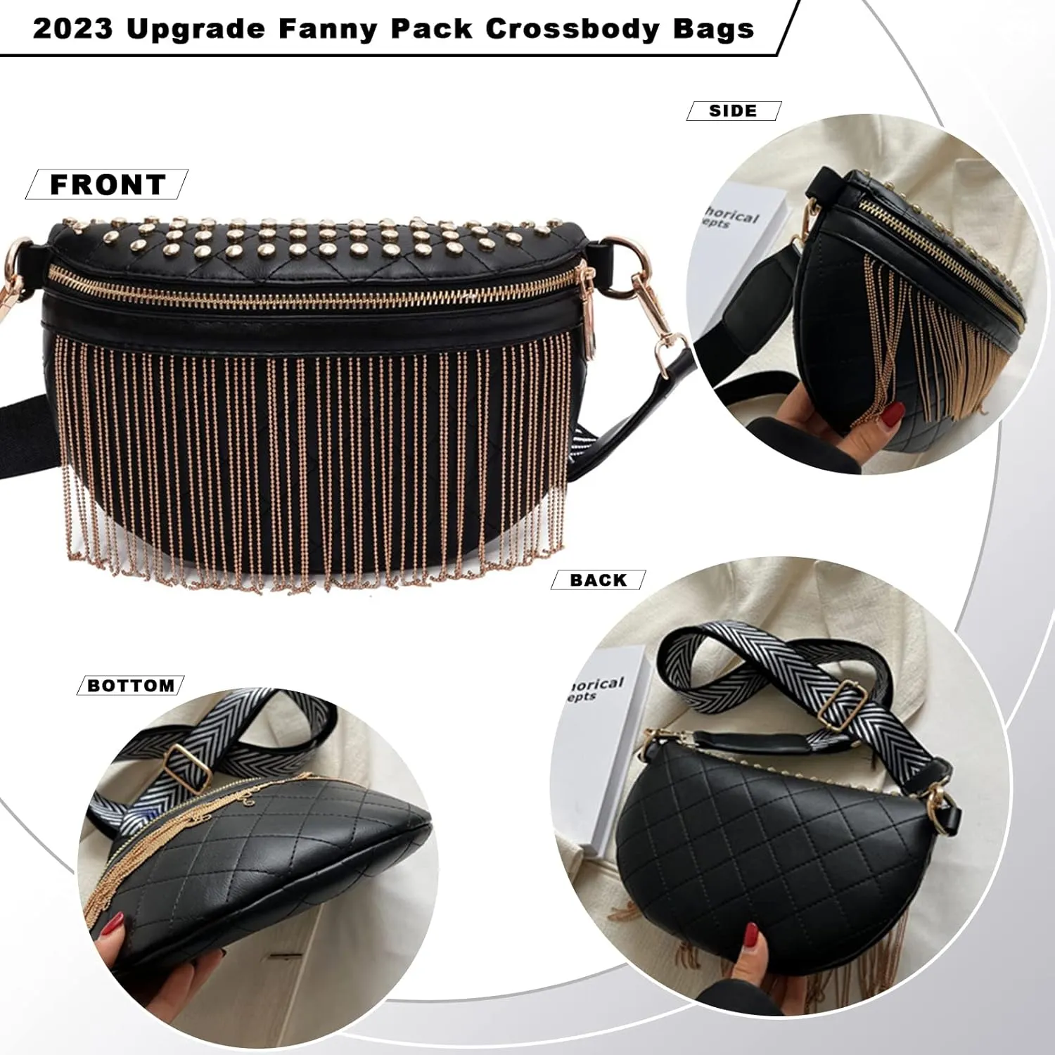 TOPALL Fanny Pack Crossbody Bags for Women, Upgrade Sling Bag Leather Fashion Waist Packs Belt Bag Chest Bag Studded Tassel Bum Bag for Travel, Walking, Running and Hiking (Black)