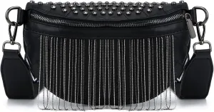 TOPALL Fanny Pack Crossbody Bags for Women, Upgrade Sling Bag Leather Fashion Waist Packs Belt Bag Chest Bag Studded Tassel Bum Bag for Travel, Walking, Running and Hiking (Black)