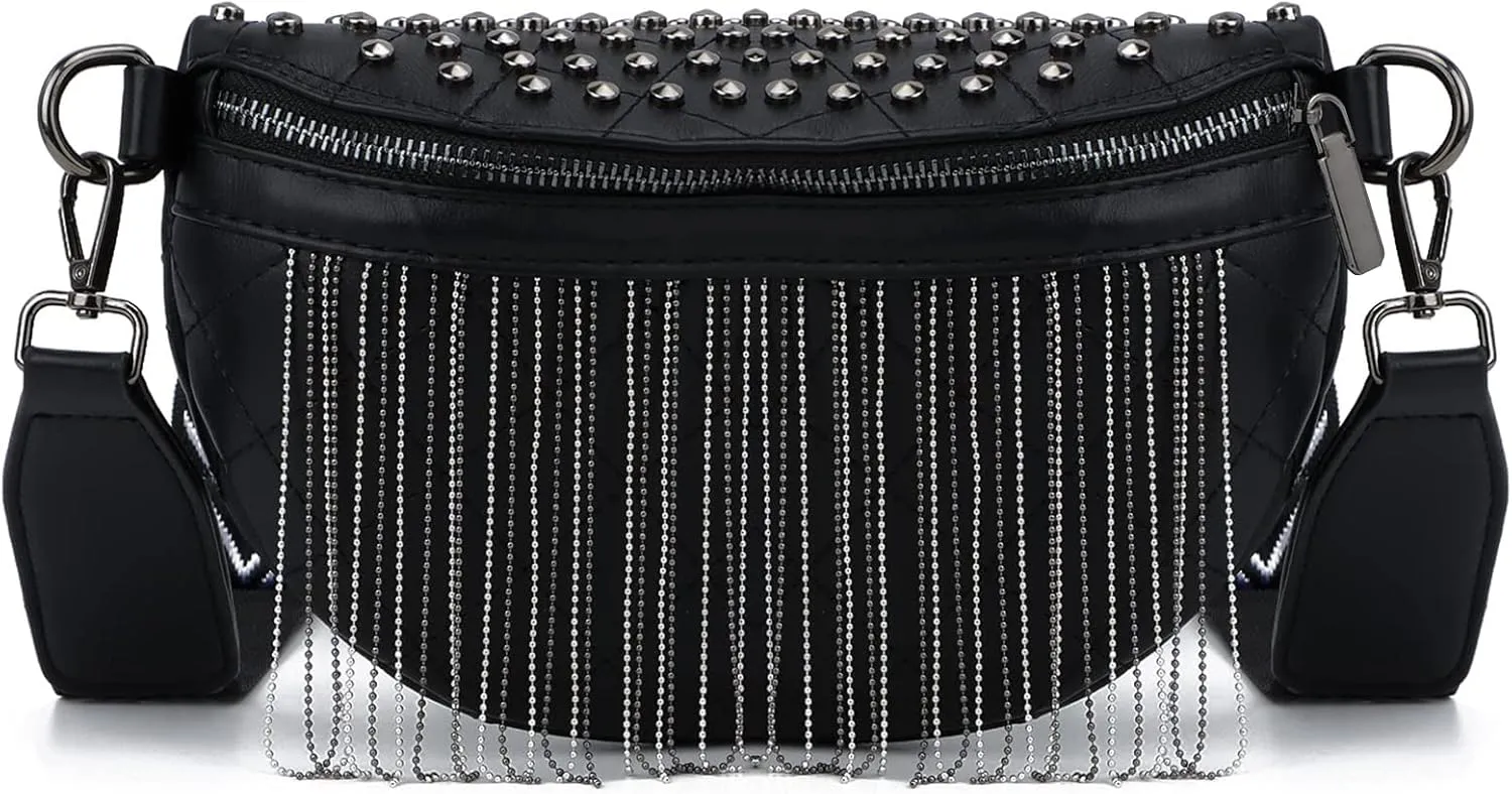 TOPALL Fanny Pack Crossbody Bags for Women, Upgrade Sling Bag Leather Fashion Waist Packs Belt Bag Chest Bag Studded Tassel Bum Bag for Travel, Walking, Running and Hiking (Black)
