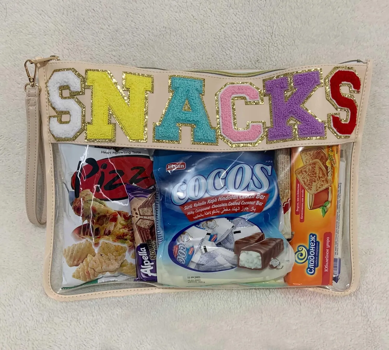 TopTTanBo Chenille Letter Clear Bag Purse Multi-purpose Transparent Waterproof Snacks Makeup Tote Bag with Wrist Strap