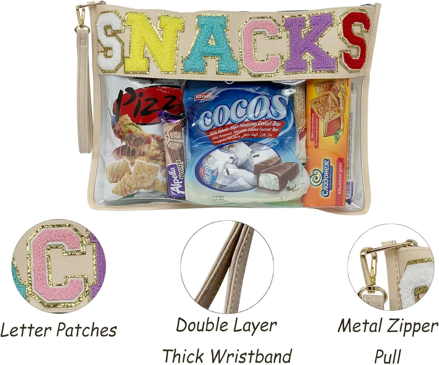 TopTTanBo Chenille Letter Clear Bag Purse Multi-purpose Transparent Waterproof Snacks Makeup Tote Bag with Wrist Strap