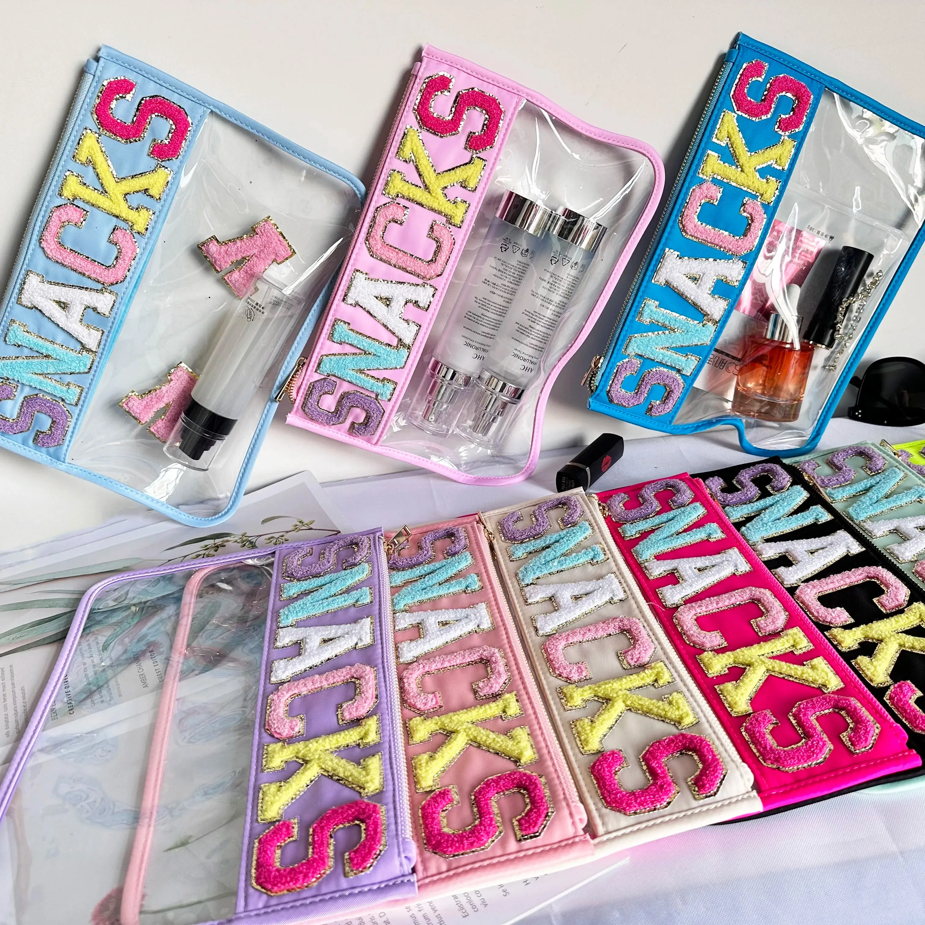 Transparent PVC waterproof travel cosmetic bag with embroidery