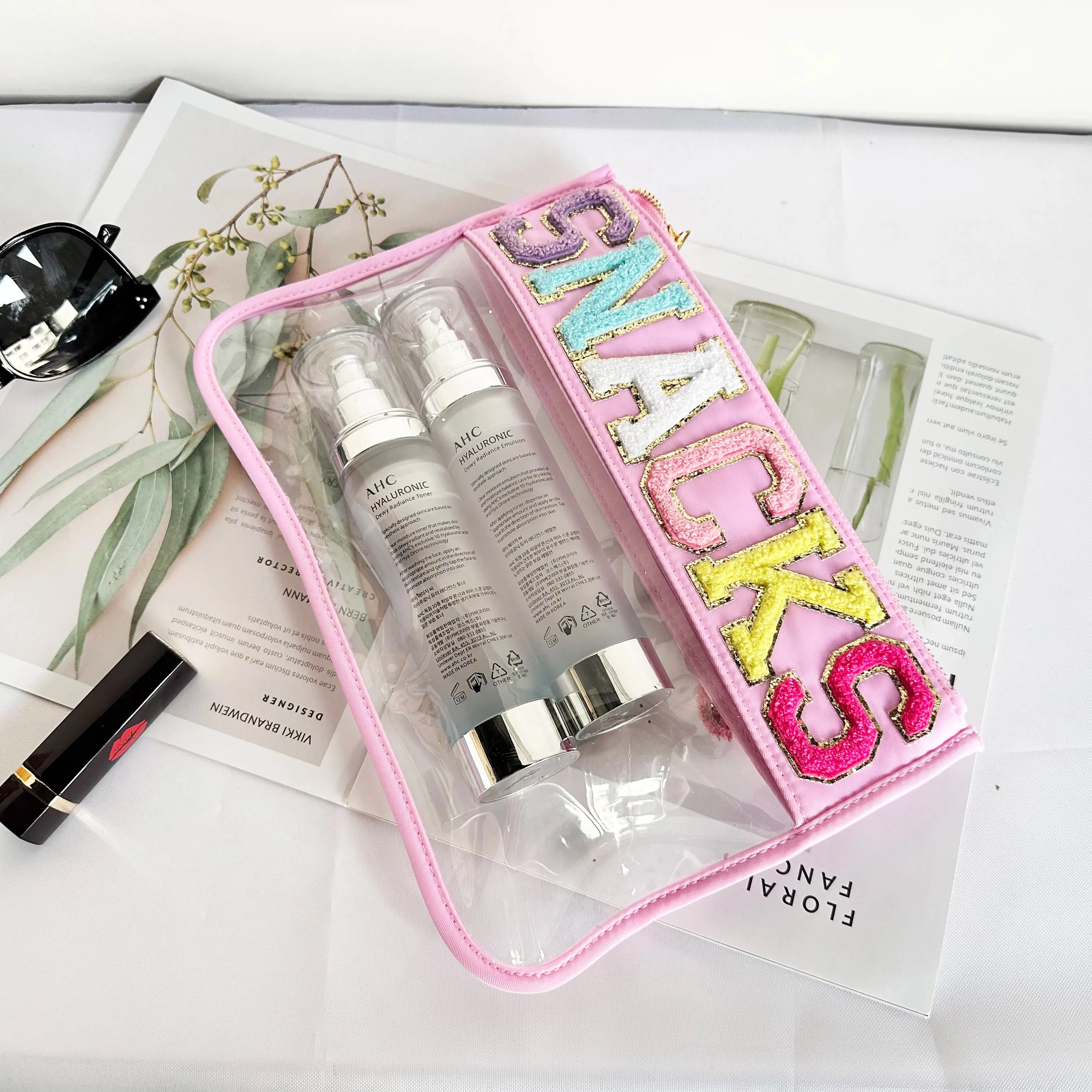 Transparent PVC waterproof travel cosmetic bag with embroidery