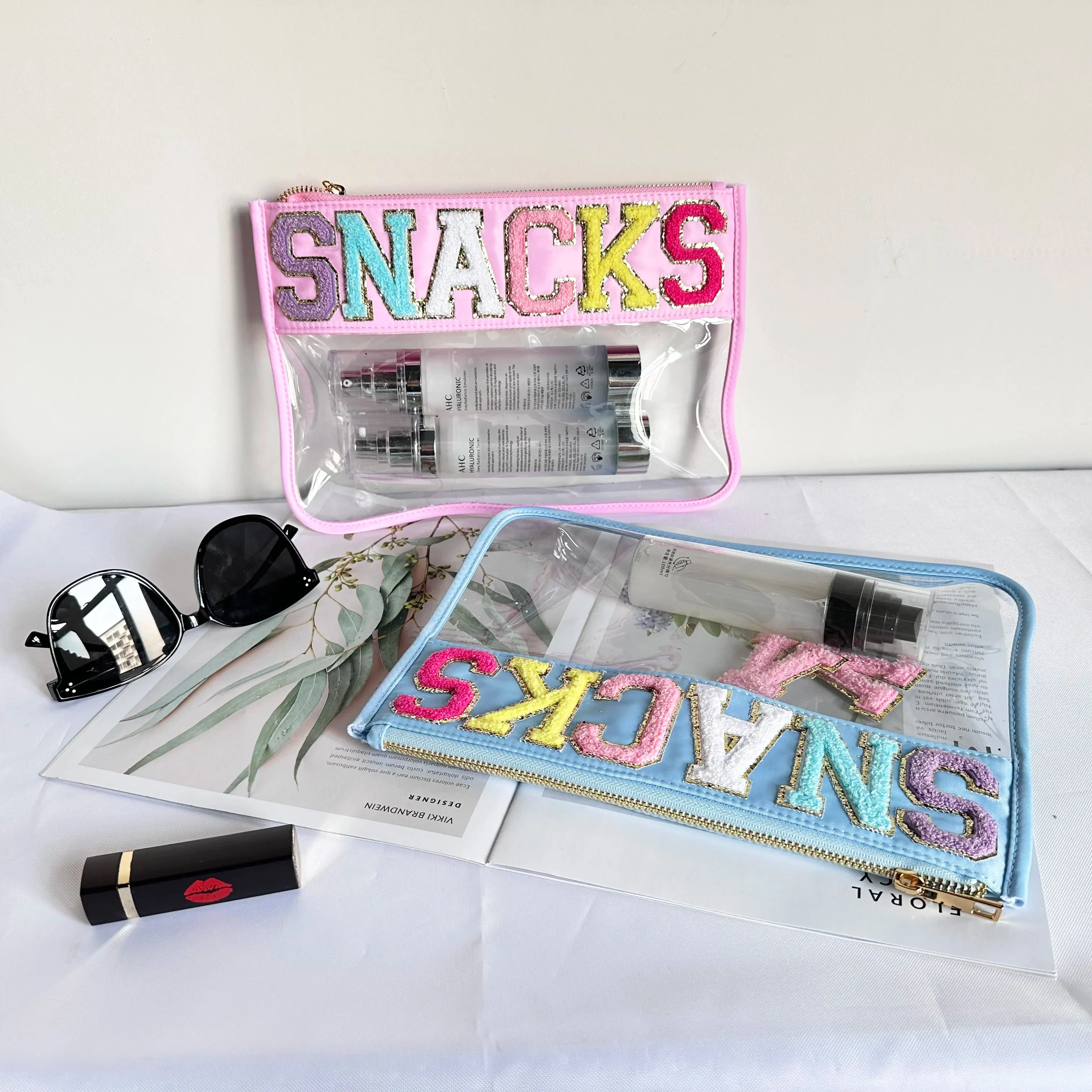 Transparent PVC waterproof travel cosmetic bag with embroidery
