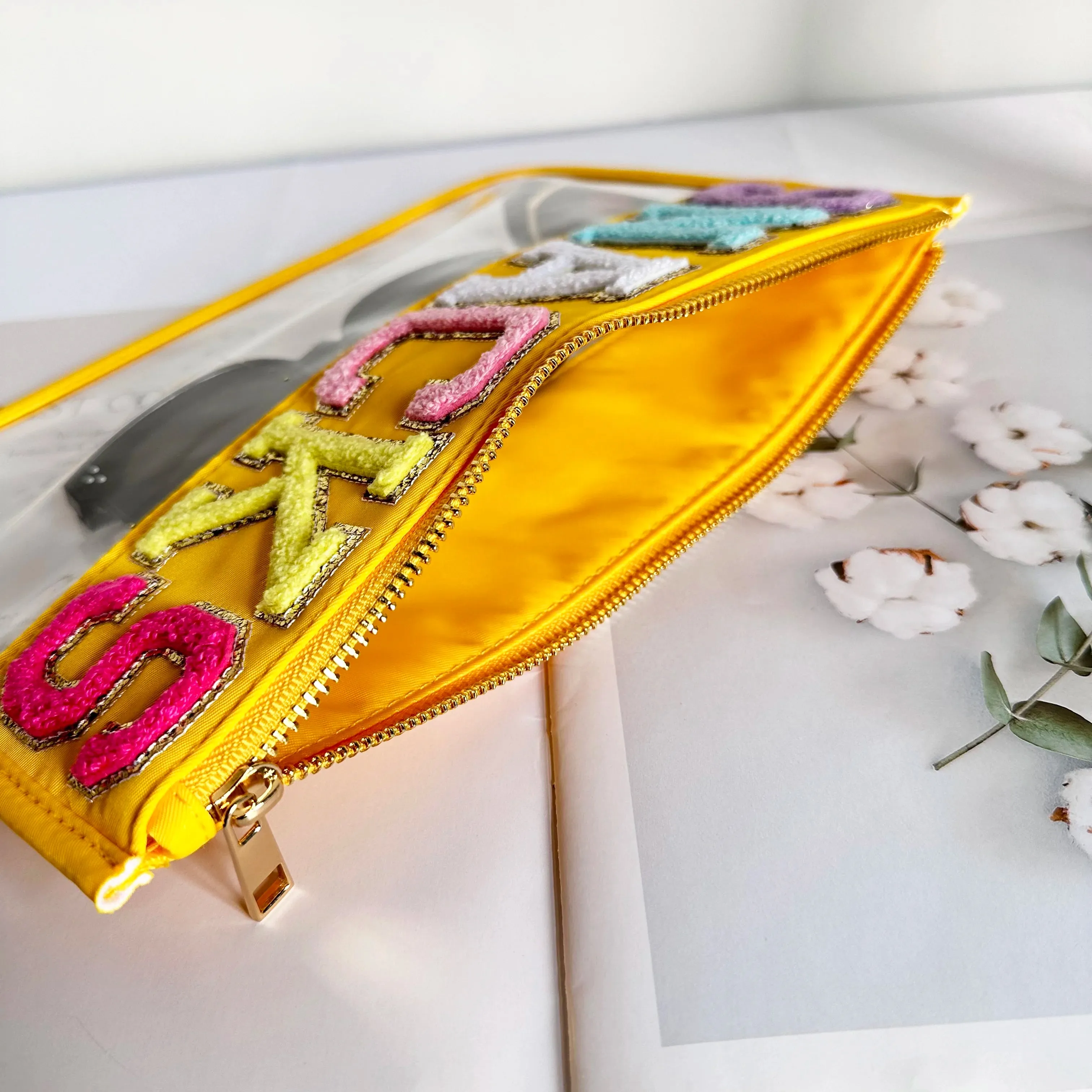 Transparent PVC waterproof travel cosmetic bag with embroidery