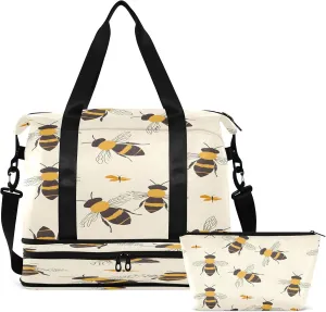 Travel Duffel Bag Bees Seamless Pattern Gym Duffel Bag for Men & Women with Shoe & Wet Compartment Shoulder Weekender Overnight Bag