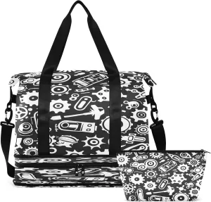 Travel Duffel Bag Cartoon Machinery Pattern Gym Duffel Bag for Men & Women with Shoe & Wet Compartment Shoulder Weekender Overnight Bag