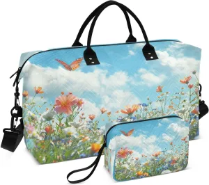 Travel Duffel Bag Large Weekender Overnight Bags for Women Men, Spring Meadow Filled Gym Bag with Toiletry Bag
