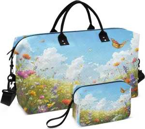 Travel Duffel Bag Large Weekender Overnight Bags for Women Men, Spring Meadow Filled Gym Bag with Toiletry Bag