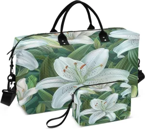 Travel Duffel Bag Large Weekender Overnight Bags for Women Men, White Lilies Gym Bag with Toiletry Bag