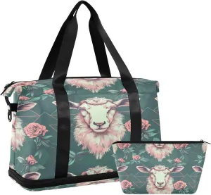 Travel Duffel Bag Sheep Head with Roses Gym Duffel Bag for Men & Women with Shoe & Wet Compartment Shoulder Weekender Overnight Bag