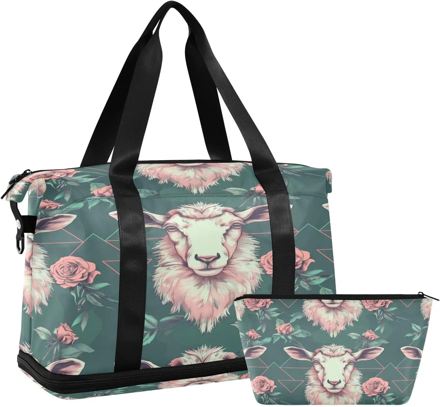 Travel Duffel Bag Sheep Head with Roses Gym Duffel Bag for Men & Women with Shoe & Wet Compartment Shoulder Weekender Overnight Bag