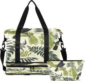Travel Duffel Bag Toucan Birds in Fern Leaves Gym Duffel Bag for Men & Women with Shoe & Wet Compartment Shoulder Weekender Overnight Bag