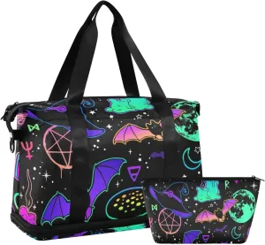 Travel Duffel Bag Witchcraft Bats Moon Magic Mushroom Gym Duffel Bag for Men & Women with Shoe & Wet Compartment Shoulder Weekender Overnight Bag
