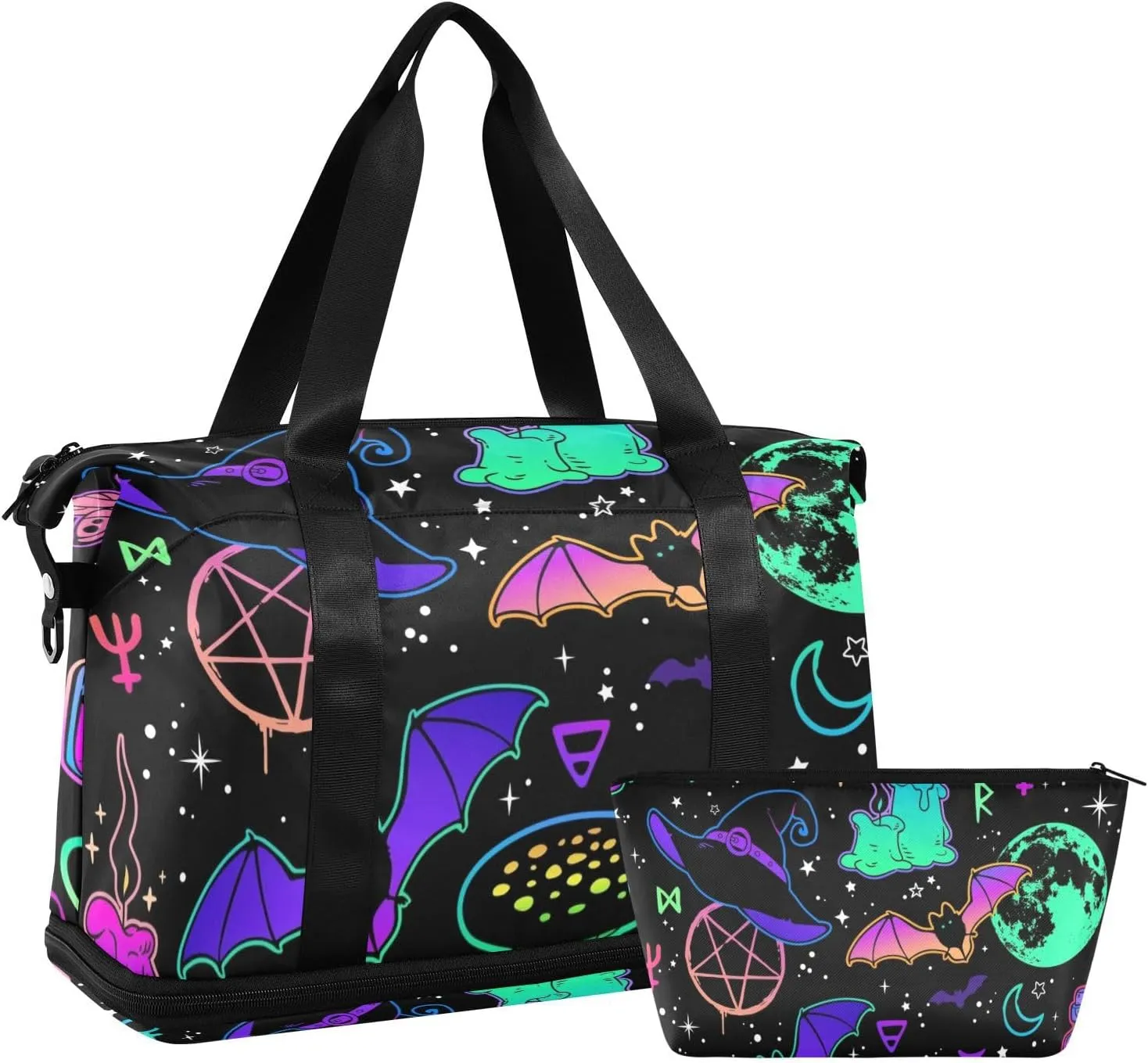 Travel Duffel Bag Witchcraft Bats Moon Magic Mushroom Gym Duffel Bag for Men & Women with Shoe & Wet Compartment Shoulder Weekender Overnight Bag