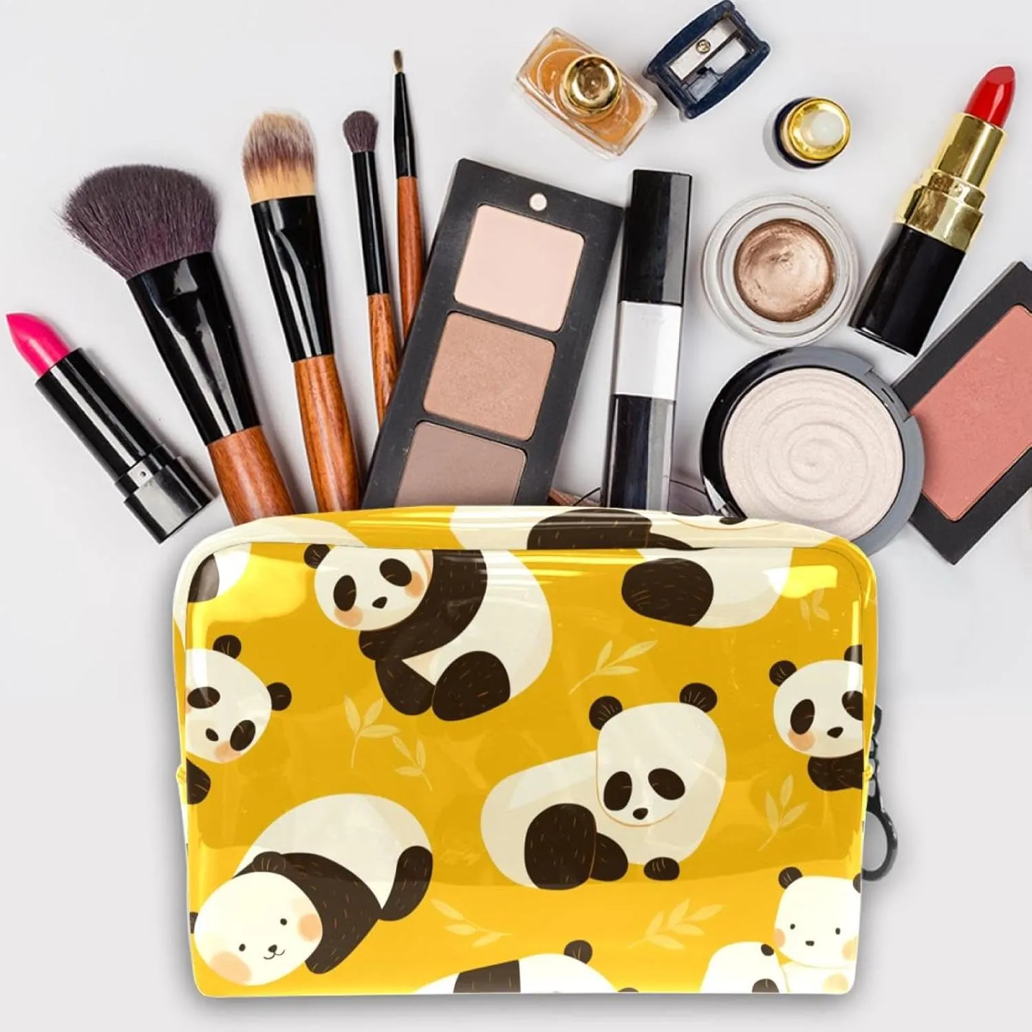 Travel Makeup Bag Cartoon Panda Yellow Cosmetic Bag Waterproof Brushes Storage Bag For Women Girls 7.3x3x5.1in
