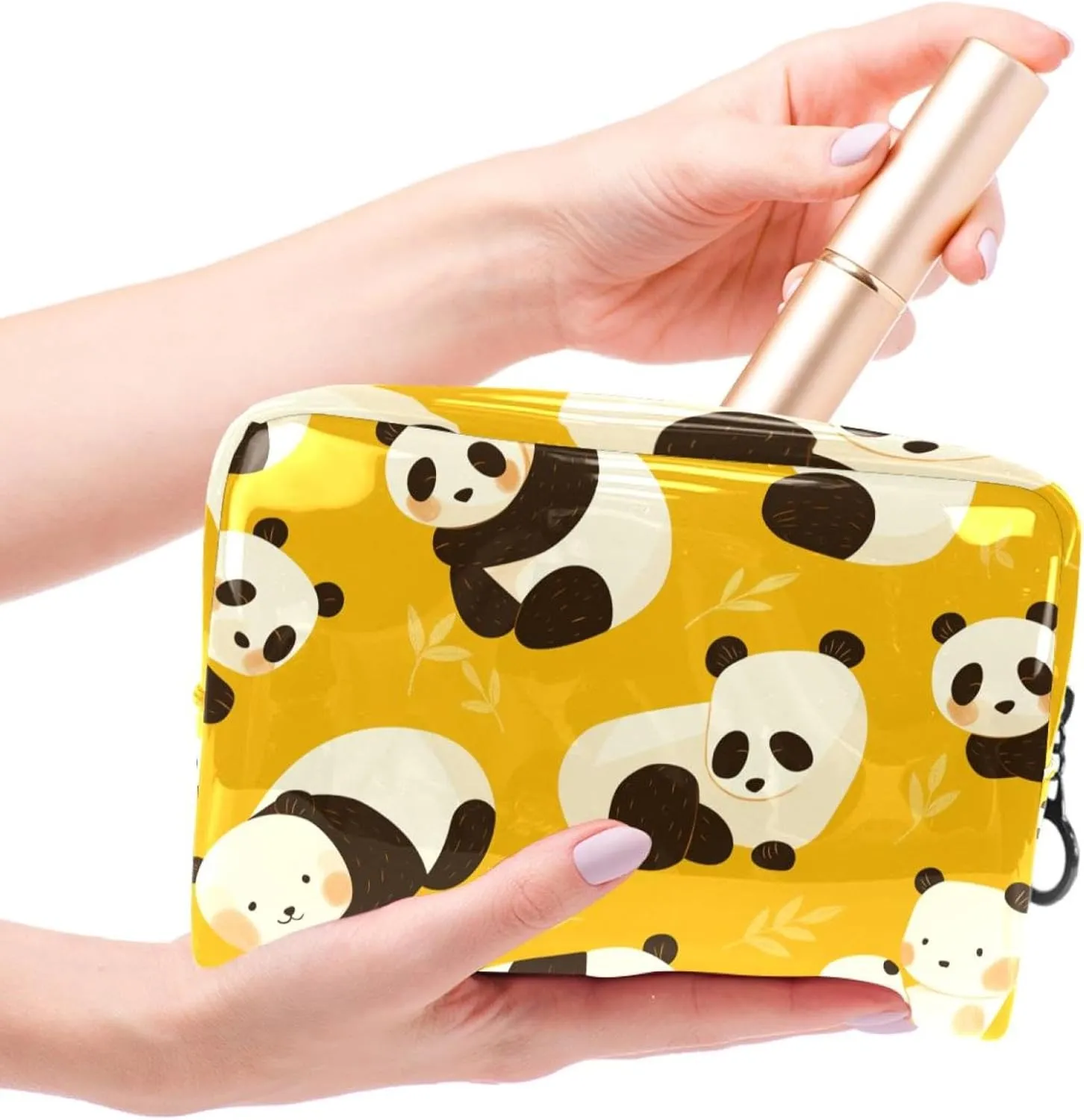 Travel Makeup Bag Cartoon Panda Yellow Cosmetic Bag Waterproof Brushes Storage Bag For Women Girls 7.3x3x5.1in