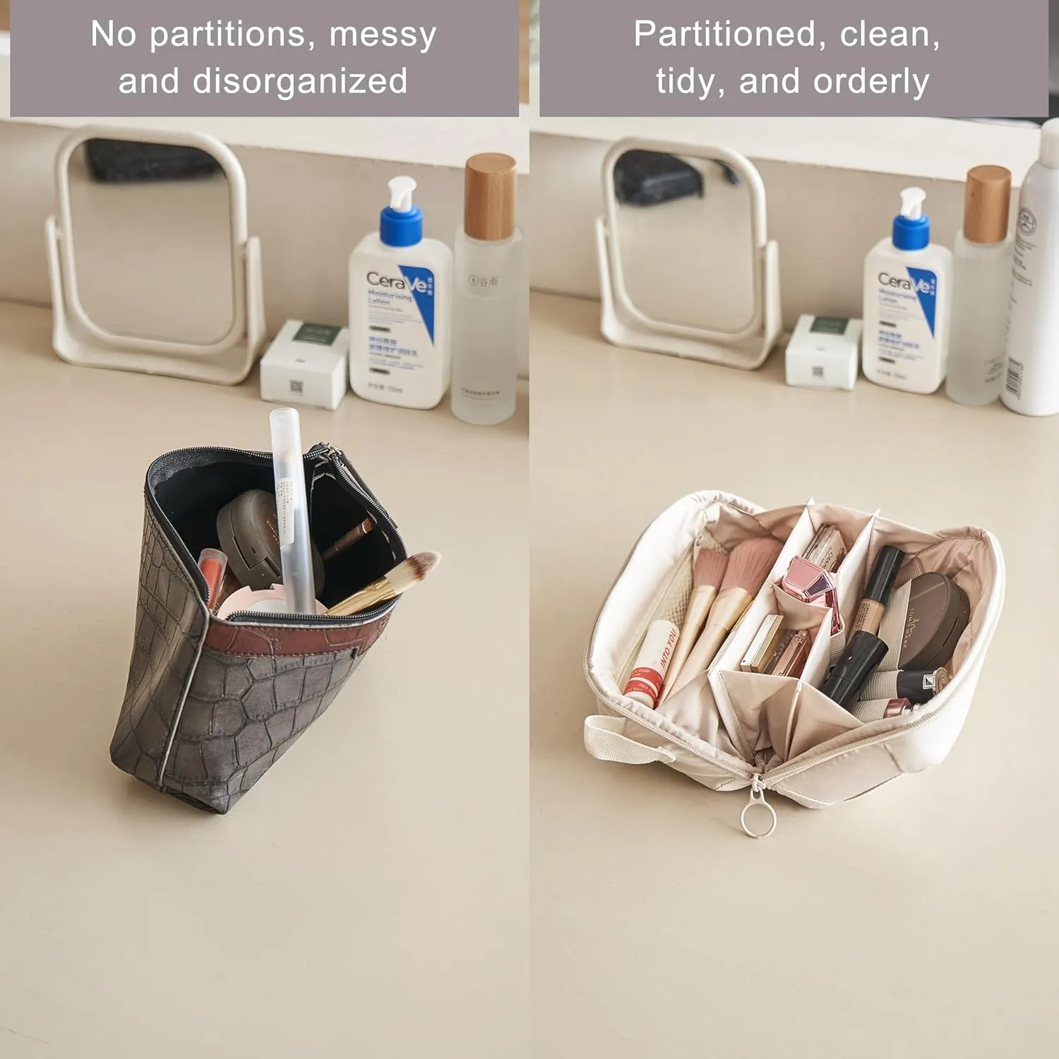 Travel Makeup Bag Cloth Medium Cosmetic Case Lightweight for Women Double Zipper Wide Open Cosmetic Organizer with Compartments