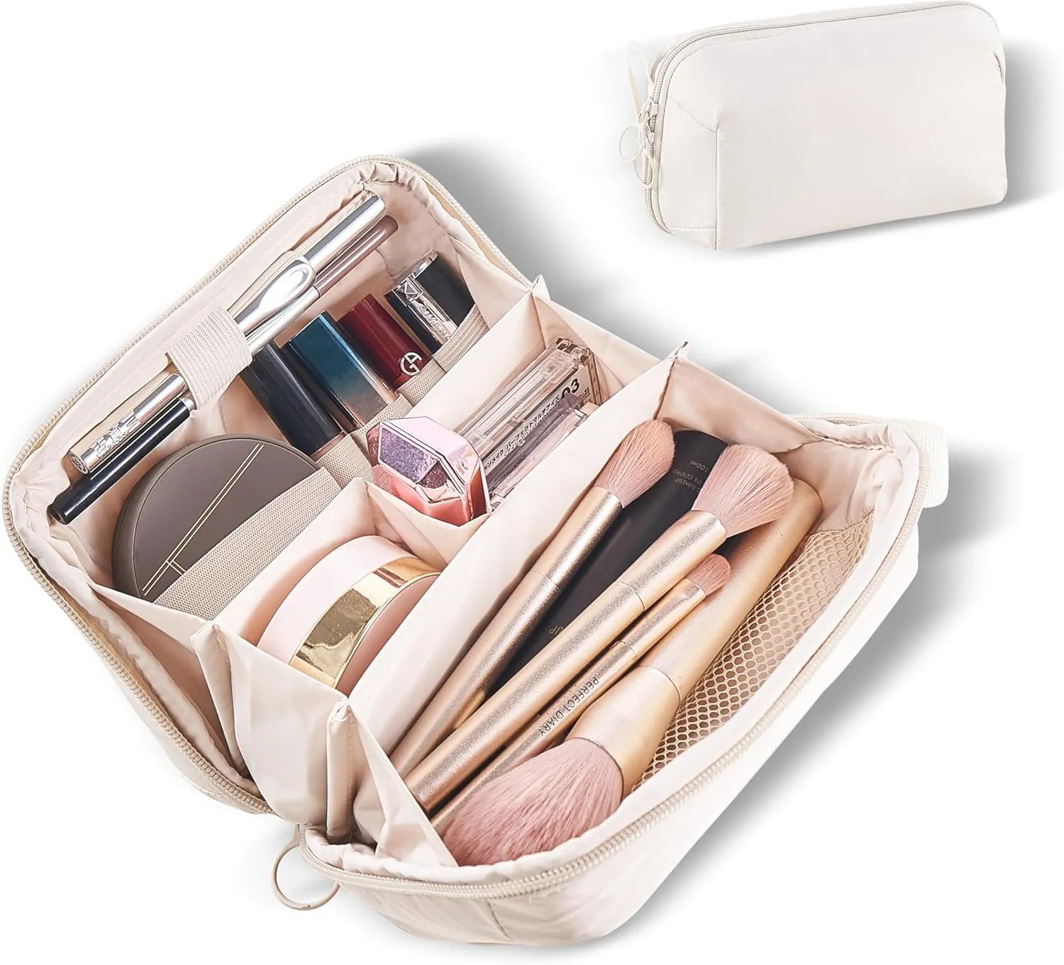 Travel Makeup Bag Cloth Medium Cosmetic Case Lightweight for Women Double Zipper Wide Open Cosmetic Organizer with Compartments