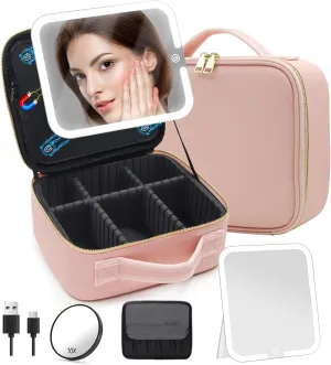 Travel Makeup Bag with Large Magnetic Removable Lighted Mirror, Cosmetic Organizer Bag with 3-Color Modes Adjustable Brightness 360° Angle Mirror Makeup Case with Mirror and Lights, Makeup Train Case