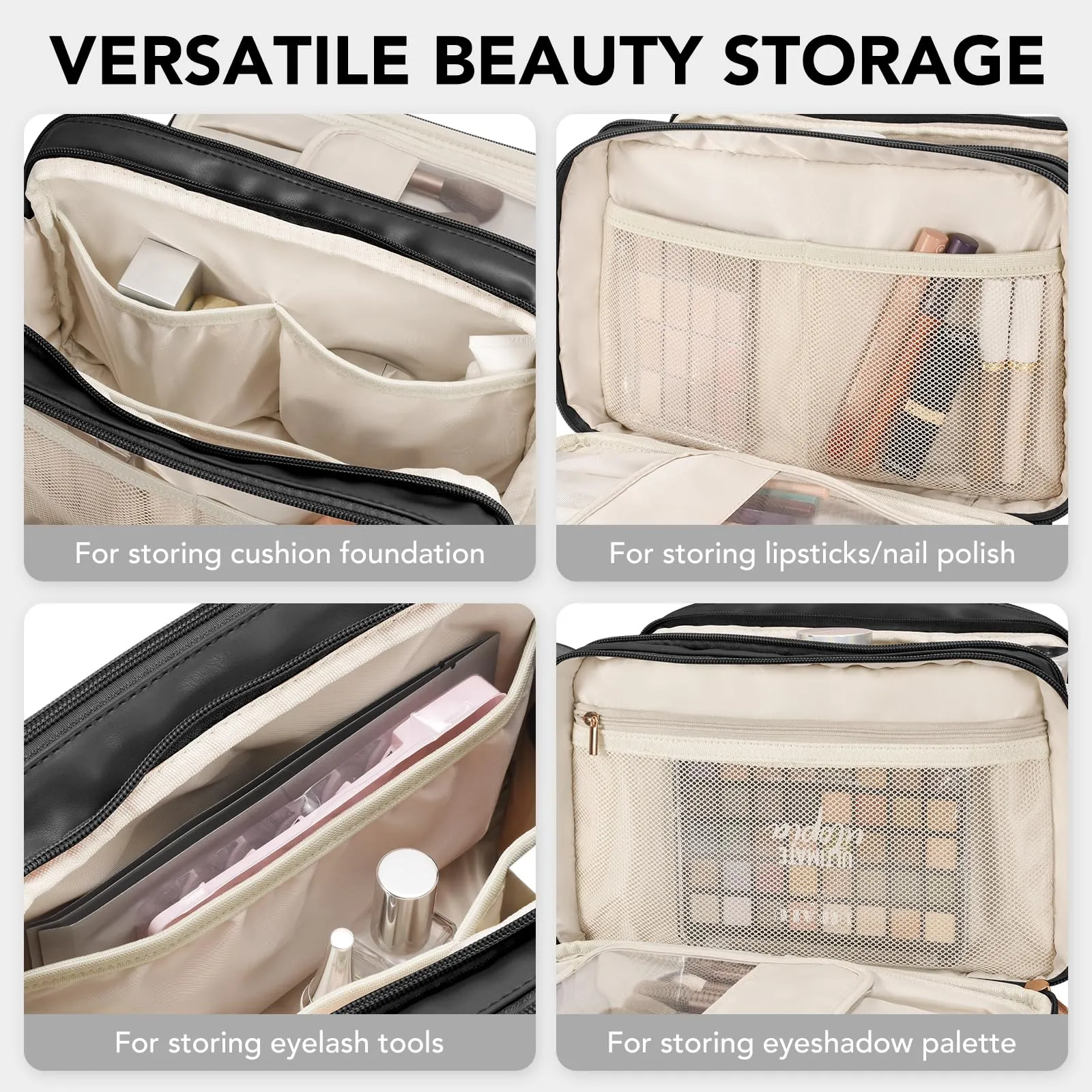 Travel Makeup Bag Women's Large Capacity Cosmetic Portable Organizer Large Opening Waterproof Storage Toiletry Bags Vertical Free-Standing Brush Holder for Easy Access Black