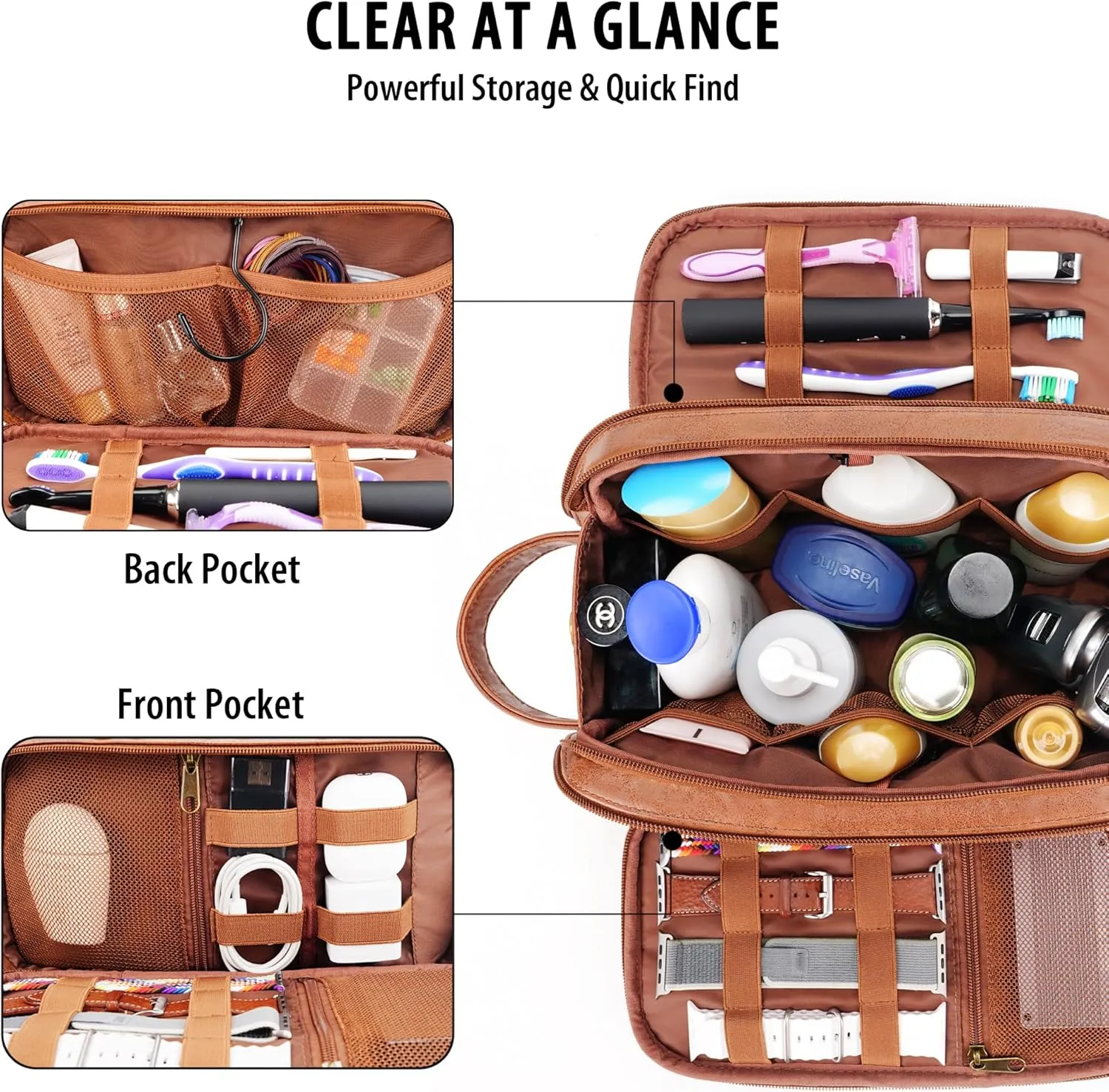 Travel Toiletry Bag for Men, Large Hanging Toiletries Organizer Bags, Cruise Ship Essentials, Water-resistant Shaving Case, PU Leather Makeup Accessories, Cosmetic Dopp Kit, Brown