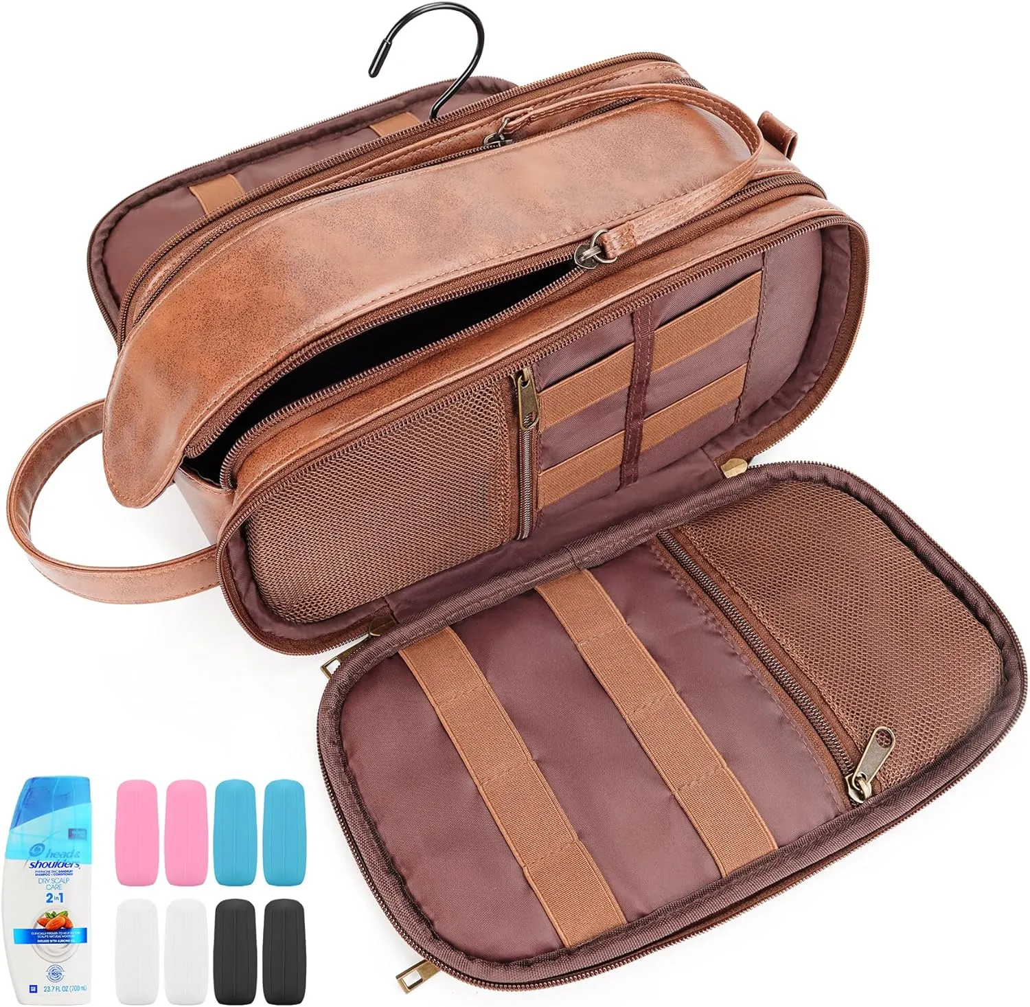 Travel Toiletry Bag for Men, Large Hanging Toiletries Organizer Bags, Cruise Ship Essentials, Water-resistant Shaving Case, PU Leather Makeup Accessories, Cosmetic Dopp Kit, Brown
