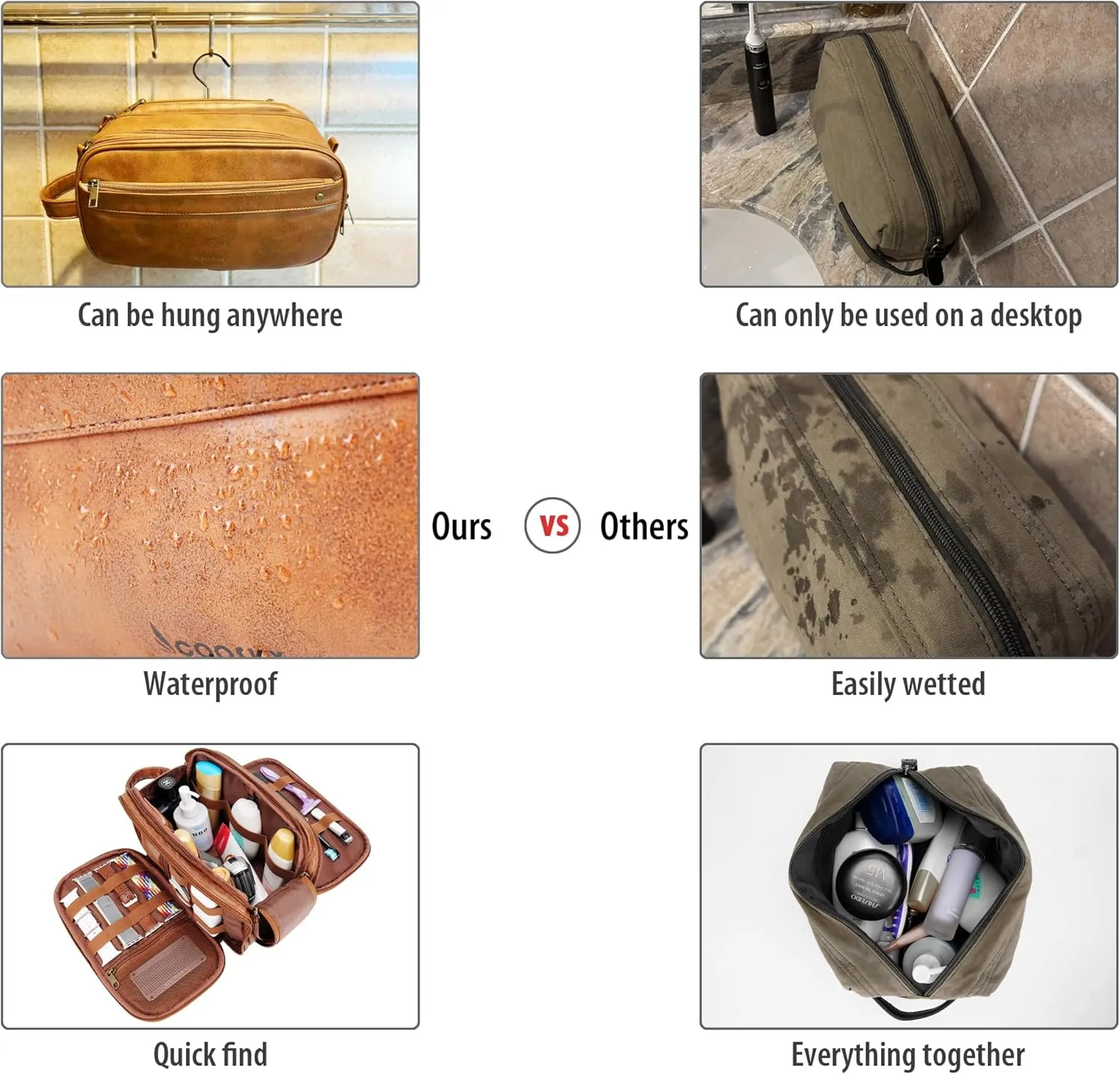Travel Toiletry Bag for Men, Large Hanging Toiletries Organizer Bags, Cruise Ship Essentials, Water-resistant Shaving Case, PU Leather Makeup Accessories, Cosmetic Dopp Kit, Brown