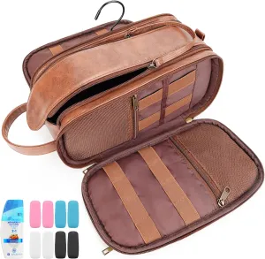 Travel Toiletry Bag for Men, Large Hanging Toiletries Organizer Bags, Cruise Ship Essentials, Water-resistant Shaving Case, PU Leather Makeup Accessories, Cosmetic Dopp Kit, Brown