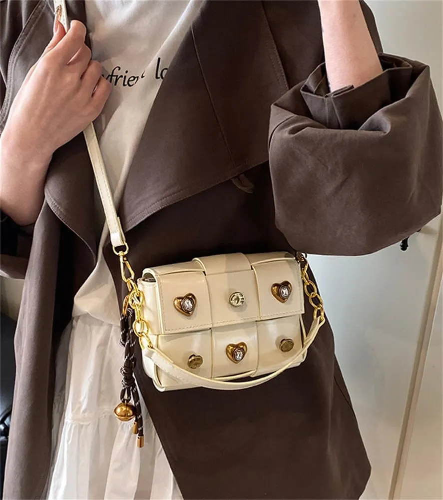 Trendy Rivet Crossbody Bag Small Patchwork Shoulder Purse PU Leather Tote Handbag Dating Travel Work