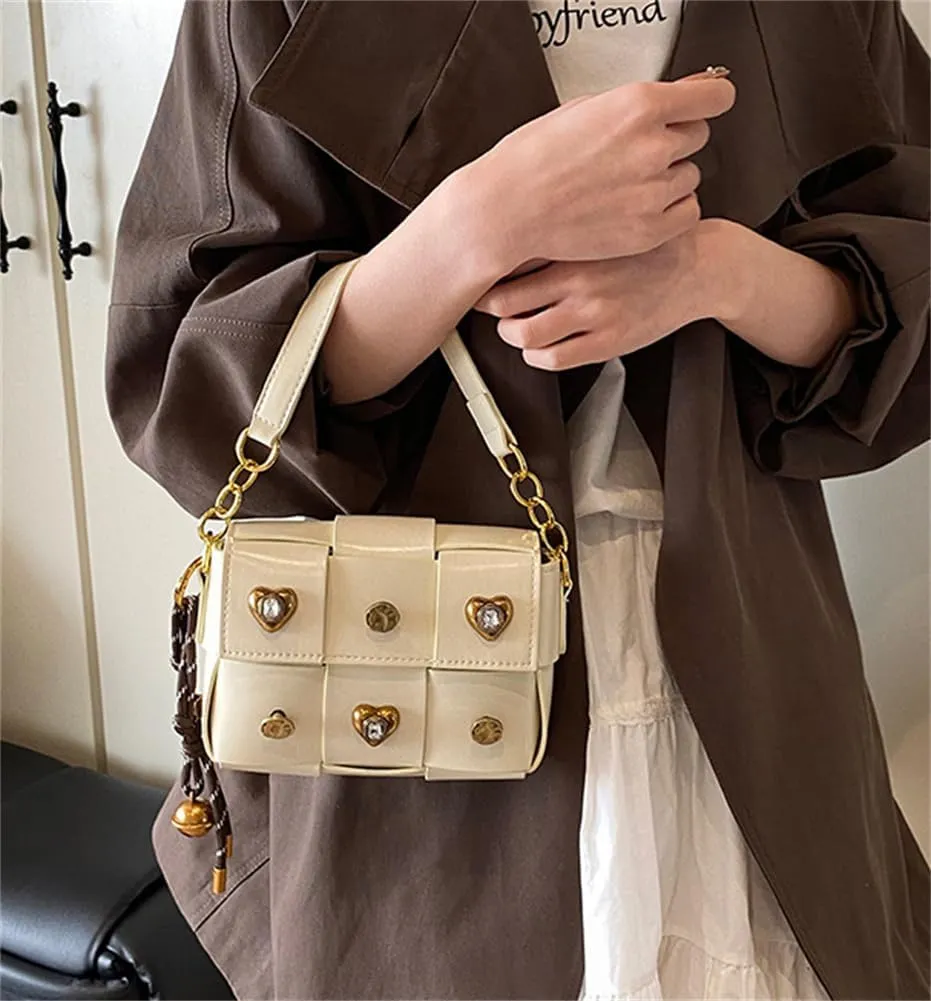 Trendy Rivet Crossbody Bag Small Patchwork Shoulder Purse PU Leather Tote Handbag Dating Travel Work