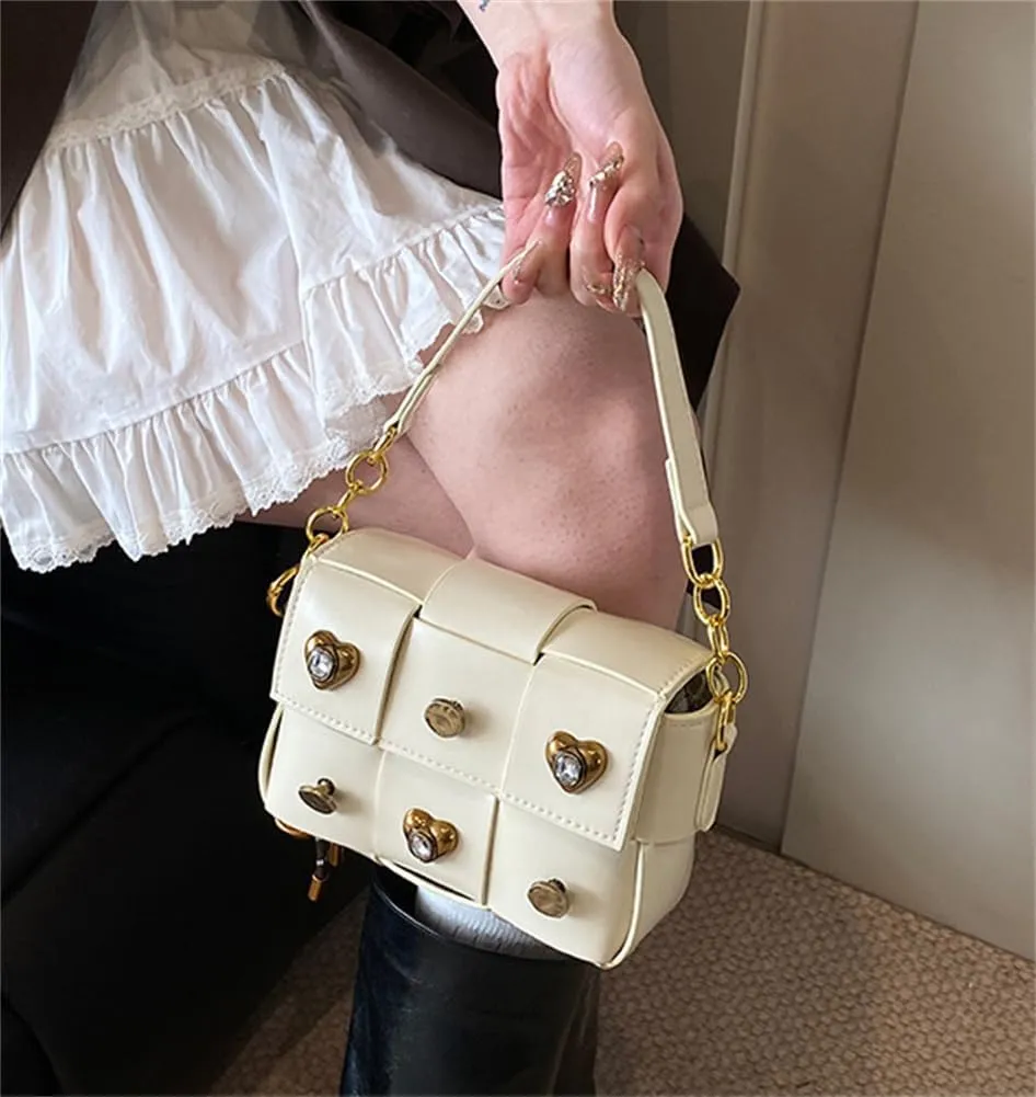 Trendy Rivet Crossbody Bag Small Patchwork Shoulder Purse PU Leather Tote Handbag Dating Travel Work