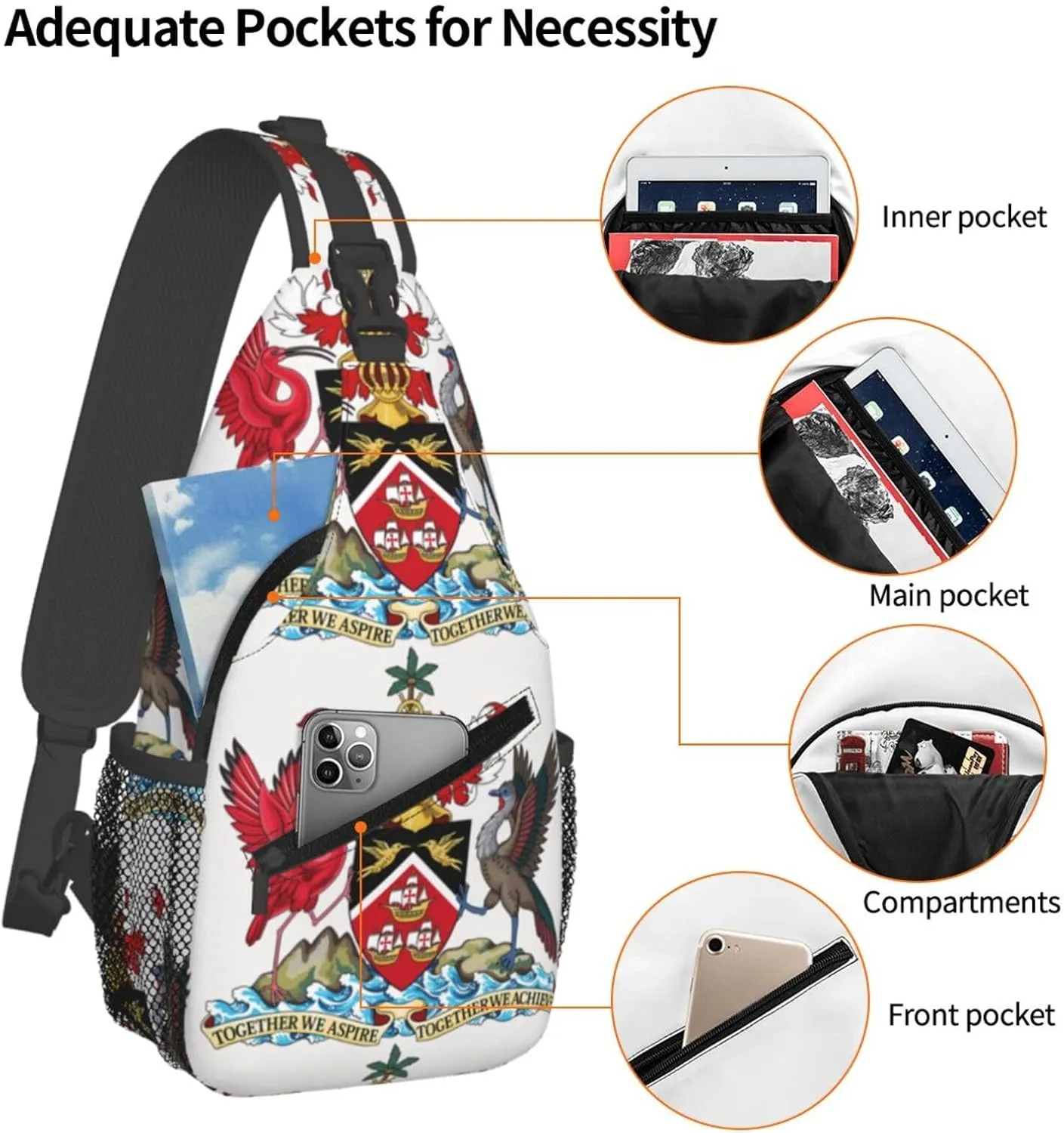 Trinidad and Tobago Coat of Arms Crossbody Bag Cross Chest Bag Adjustable Sling Backpack Sports Gym Shoulder Bags Travel Cycling Daypack Diagonally Casual Rucksack