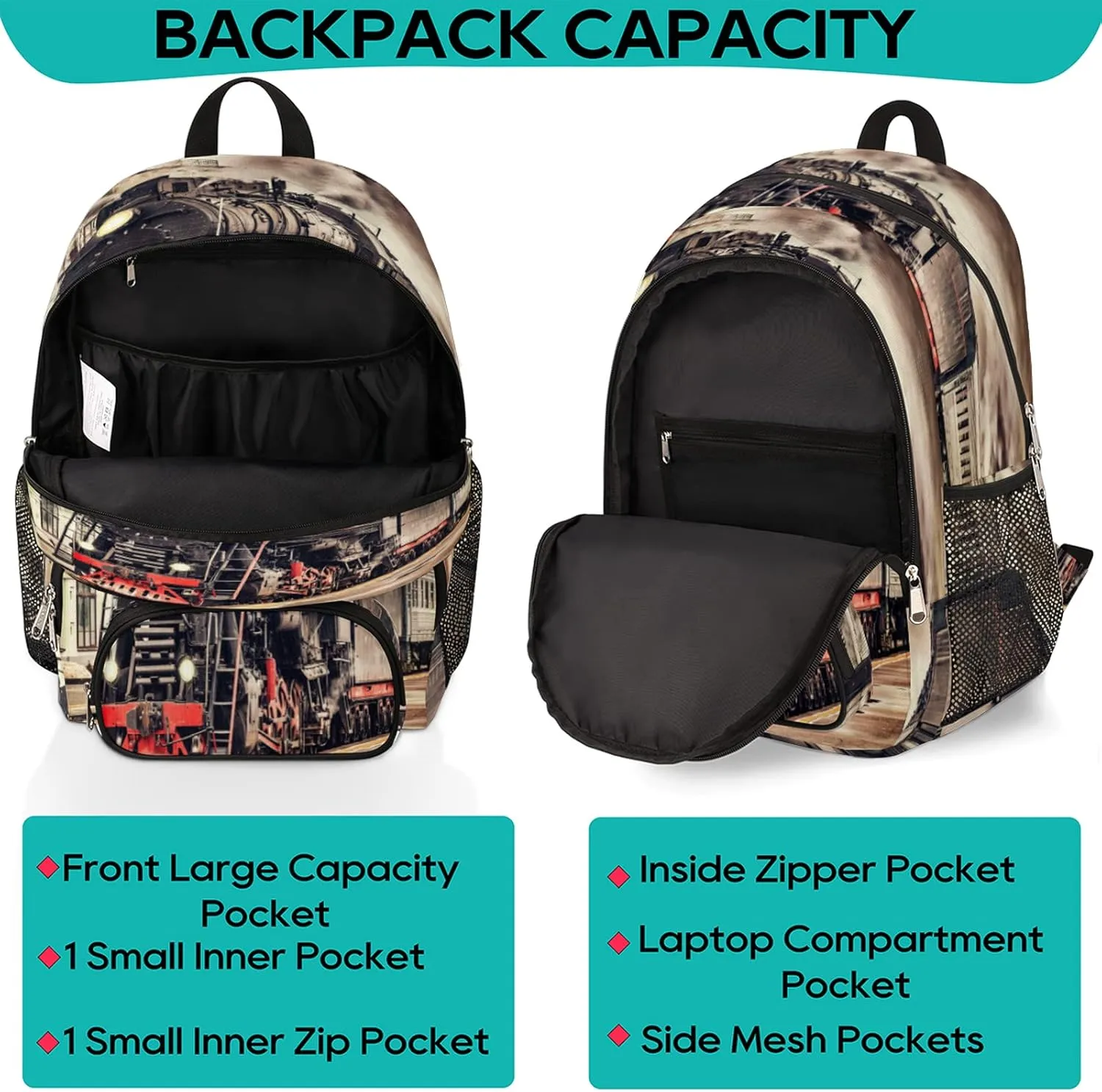 TropicalLife Vintage Steam Train Bookbag 18 Inch School Backpack Teens Girls Boys Schoolbag Shoulder Computer Hiking Gym Travel Casual Travel Daypack