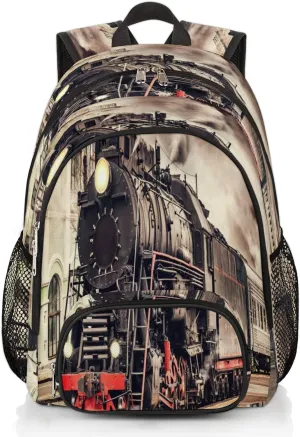 TropicalLife Vintage Steam Train Bookbag 18 Inch School Backpack Teens Girls Boys Schoolbag Shoulder Computer Hiking Gym Travel Casual Travel Daypack