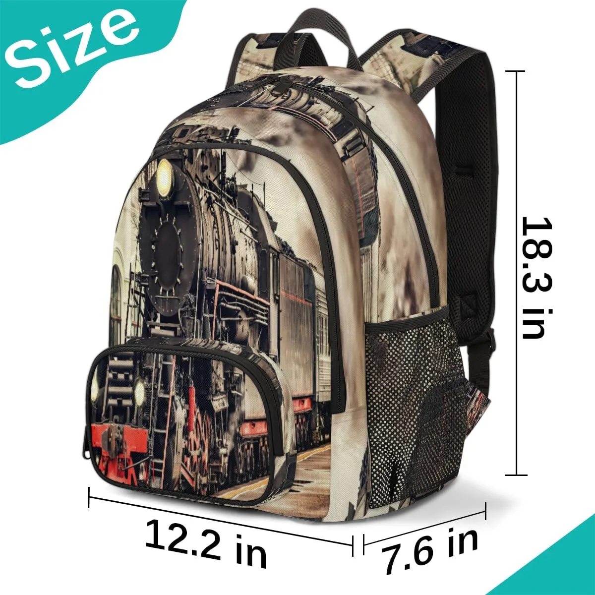 TropicalLife Vintage Steam Train Bookbag 18 Inch School Backpack Teens Girls Boys Schoolbag Shoulder Computer Hiking Gym Travel Casual Travel Daypack