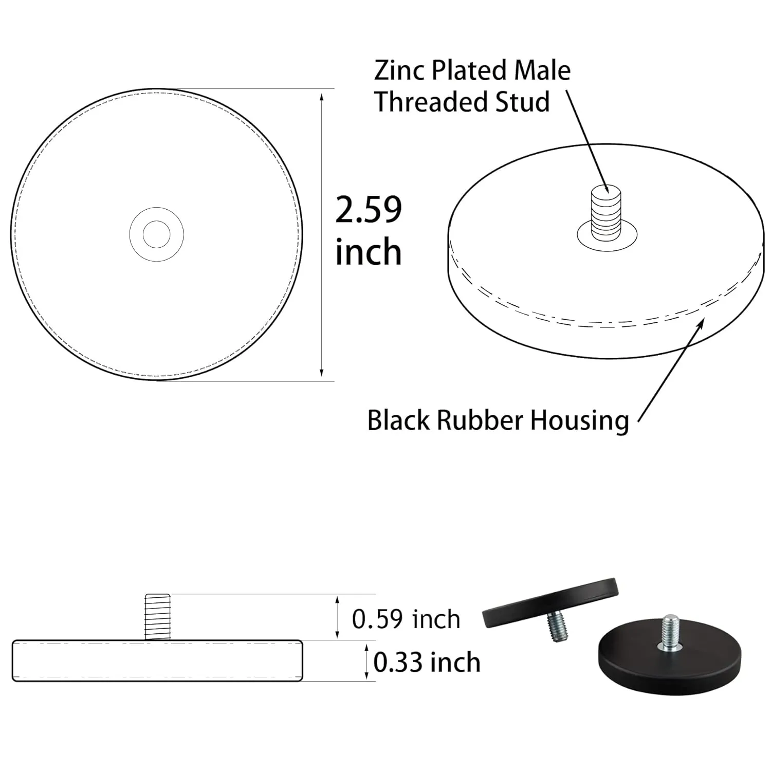 ULIBERMAGNET 2Pack Anti-Scratch 60lb Super Strong Neodymium Round Rubber Coated Magnet with M8 Male Thread Stud, Strong Magnetic Mounting for Lighting,Camera,Tools and equipement