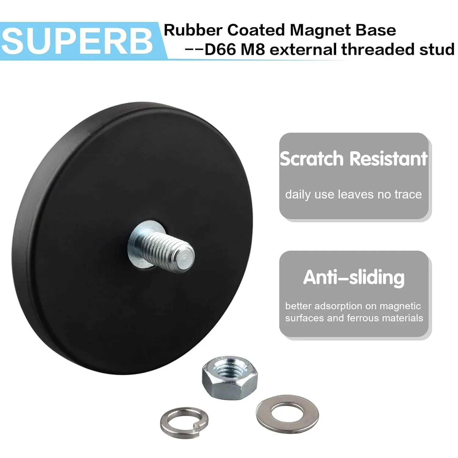 ULIBERMAGNET 2Pack Anti-Scratch 60lb Super Strong Neodymium Round Rubber Coated Magnet with M8 Male Thread Stud, Strong Magnetic Mounting for Lighting,Camera,Tools and equipement