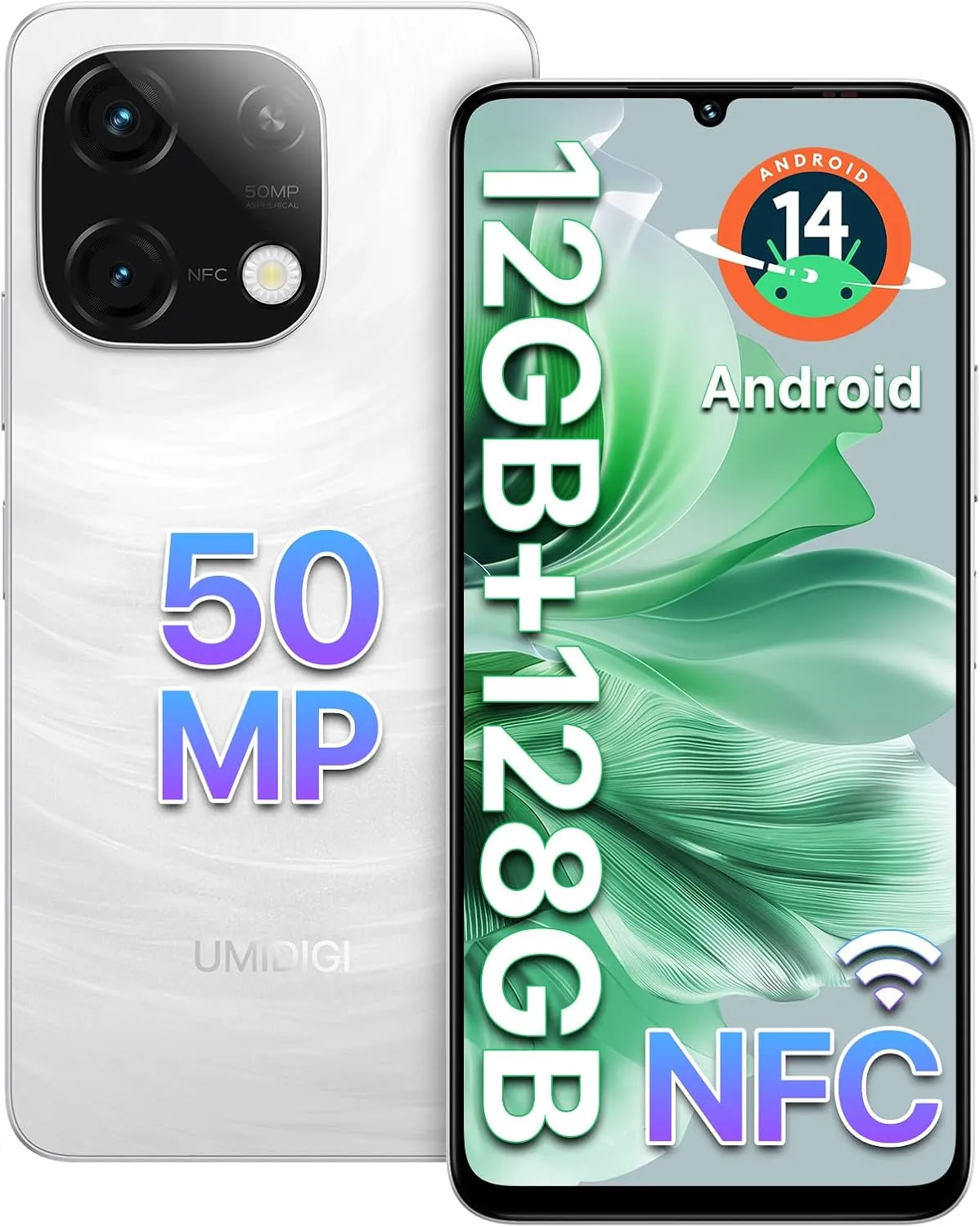 UMIDIGI G9C Android 14 Unlocked Cellphone,Octa-core 12GB  128GB Expand 1TB Unlocked Smartphone,6.75" HD  90Hz,5000mAh Battery,50MP Camera,GPS,BT 5.4,NFC,AI Face Unlock,Warranty,White