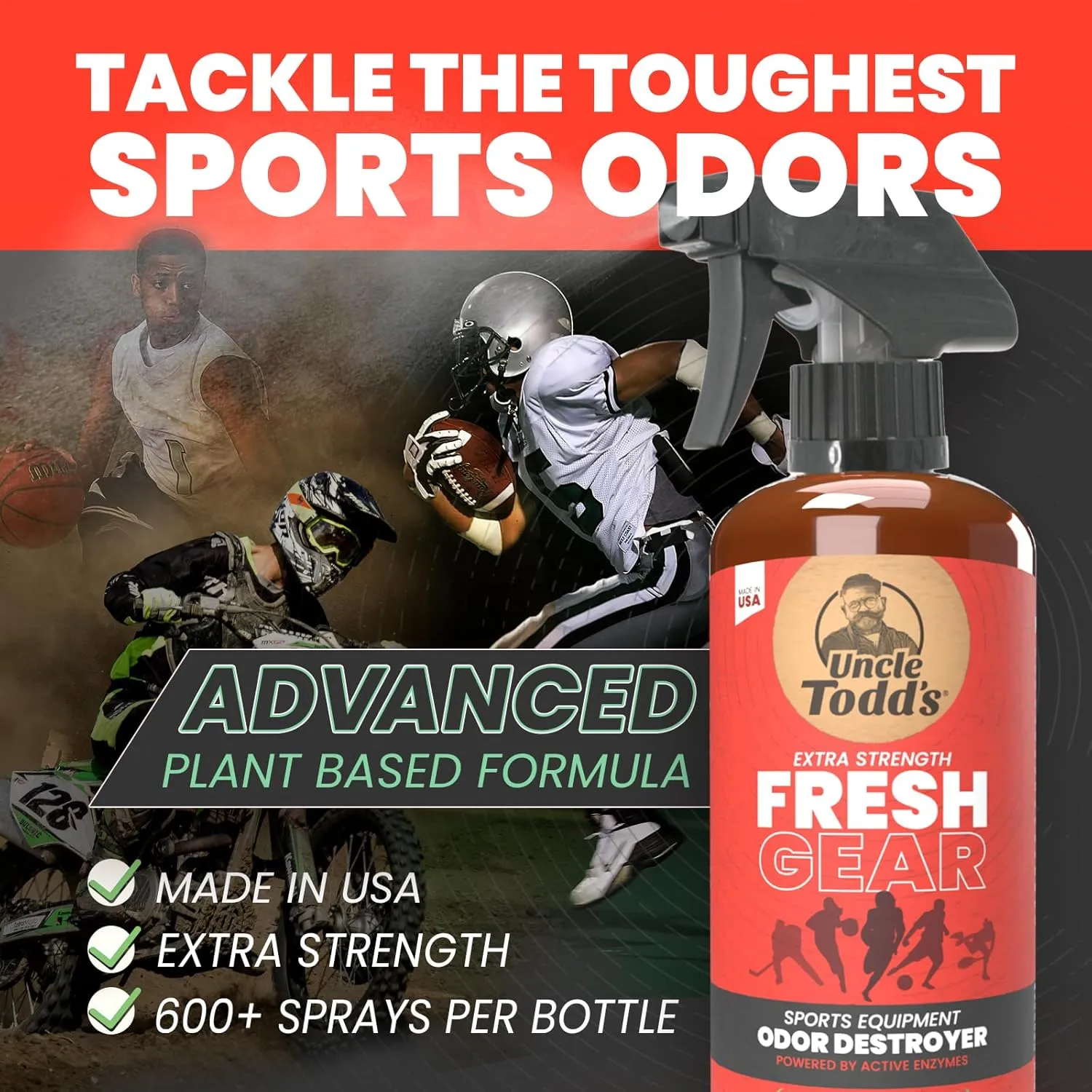 Uncle Todd's Fresh Gear Sports Equipment Odor Eliminator Spray - Extra Strength Enzyme-Powered Deodorizer for Football, Hockey, Gym Bags, and Athletic Gear - Bamboo Blitz Scent - 16 oz