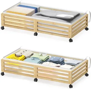 Under Bed Storage with Wheels-Large Bamboo Underbed storage Containers with Large Dust Bag Stackable Under the Bed Shoe Storage Bins for Clothes Books Bedding (2 Packs Nature, 33.07"L×16.54"W× 6.5"H)