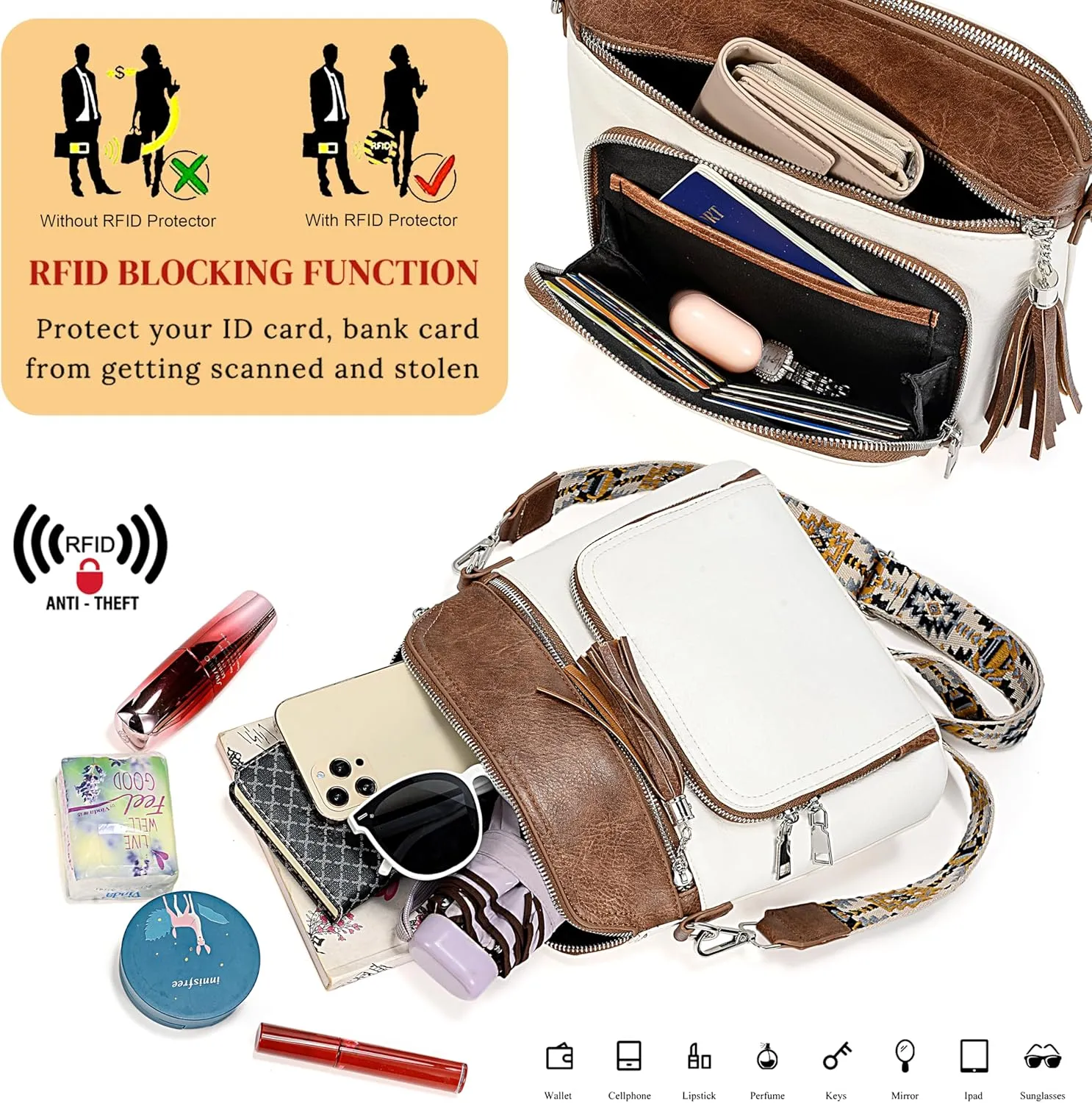Uromee Crossbody Bags for Women Trendy Vegan Leather Multi Pocket Tassel Ladies Shoulder Handbag Purse Adjustable Strap