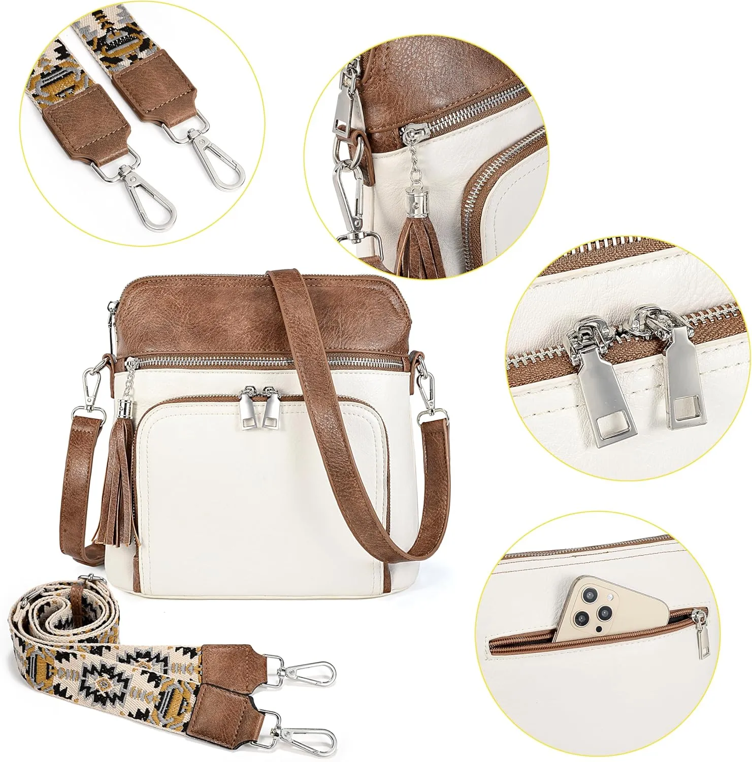 Uromee Crossbody Bags for Women Trendy Vegan Leather Multi Pocket Tassel Ladies Shoulder Handbag Purse Adjustable Strap