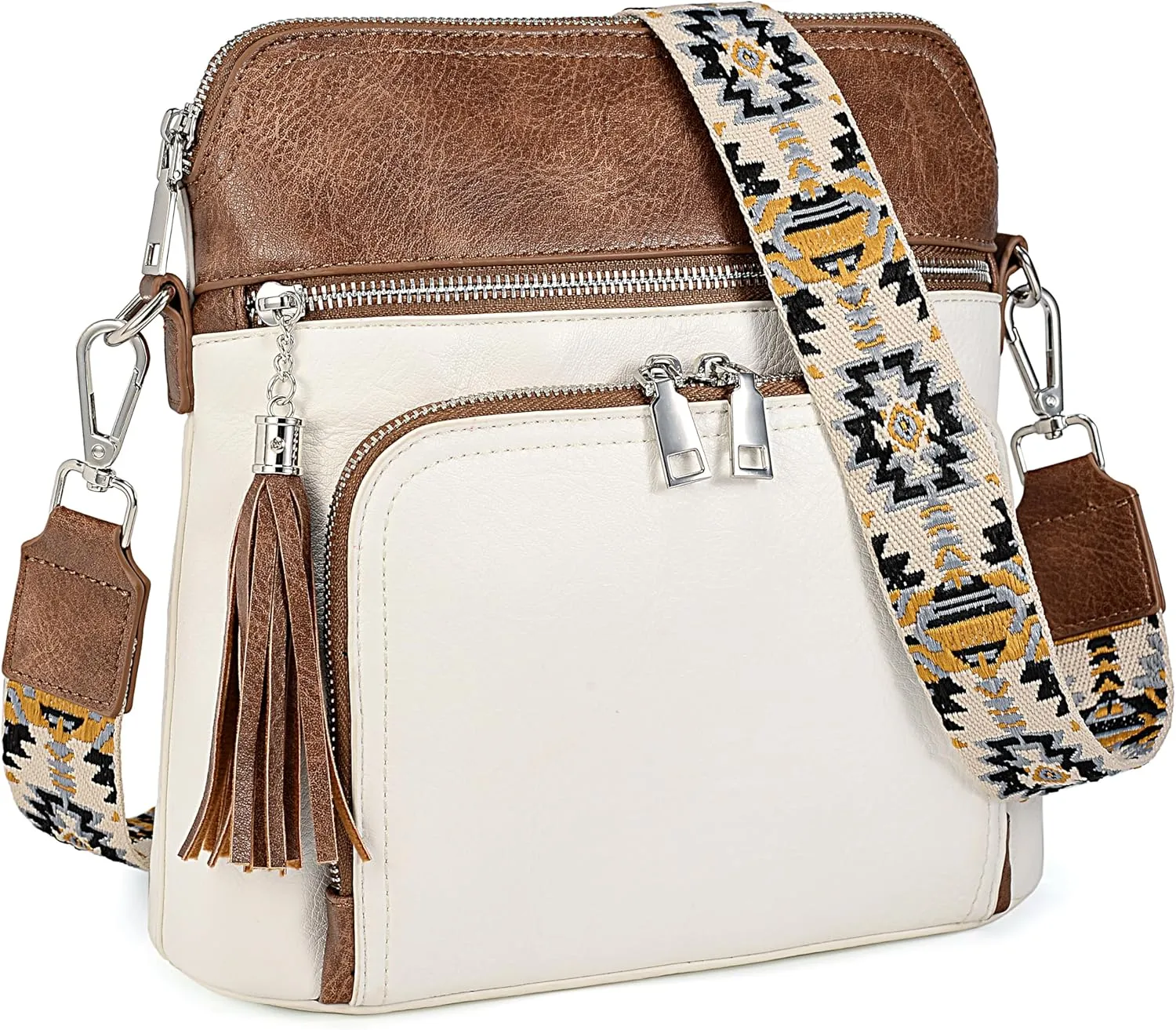 Uromee Crossbody Bags for Women Trendy Vegan Leather Multi Pocket Tassel Ladies Shoulder Handbag Purse Adjustable Strap