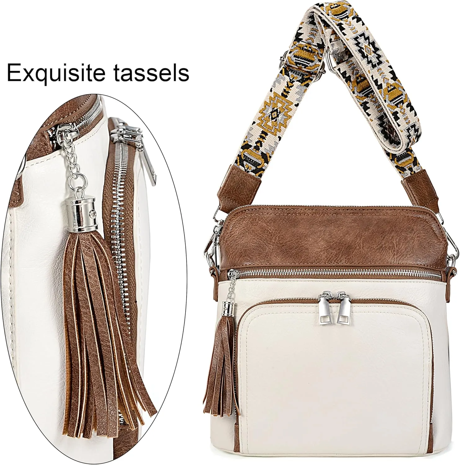 Uromee Crossbody Bags for Women Trendy Vegan Leather Multi Pocket Tassel Ladies Shoulder Handbag Purse Adjustable Strap