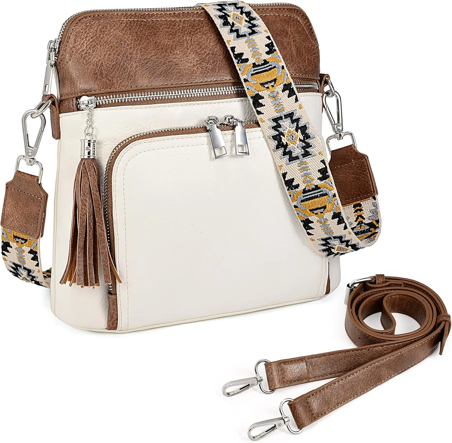 Uromee Crossbody Bags for Women Trendy Vegan Leather Multi Pocket Tassel Ladies Shoulder Handbag Purse Adjustable Strap