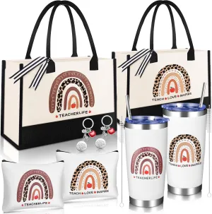 VAIPI 8 Pcs Teacher Appreciation Gifts Set Include Teacher Tote Bags, 20 oz Stainless Steel Tumblers Makeup Bags and Keychains, Thank You Teachers Gifts