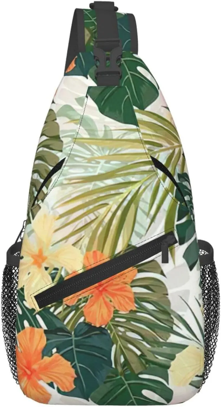 Vegetation Leaves with Hibiscus Flowers Print Sling Bag Crossbody Shoulder Backpack Chest Pack for Hiking Travel Climbing