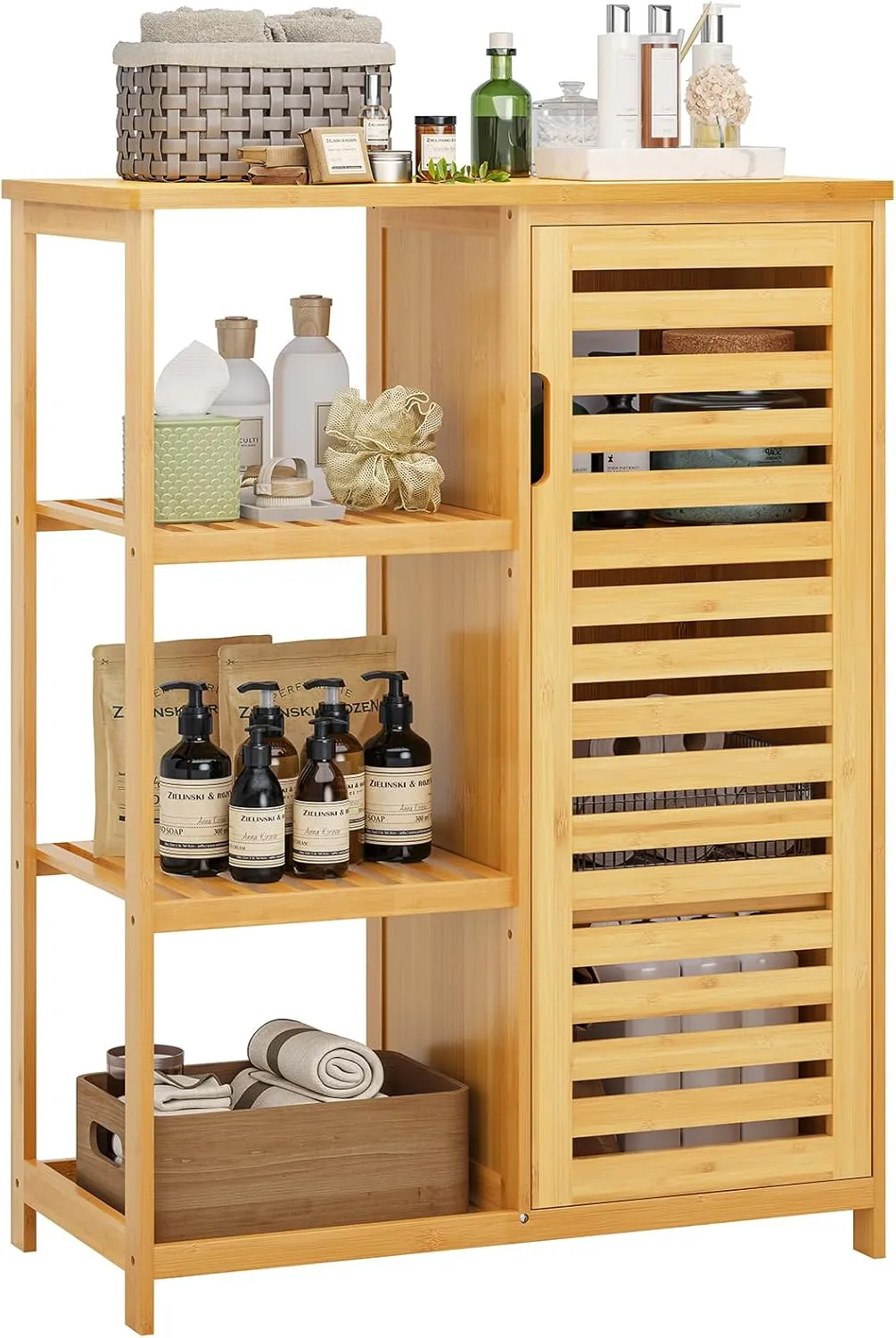 VIAGDO Bathroom Cabinet Bamboo Storage Cabinet with Doors and 3 Side Shelves, Freestanding Floor Cabinet for Bathroom, Living Room, Bedroom, Hallway, Kitchen, Storage Organizer