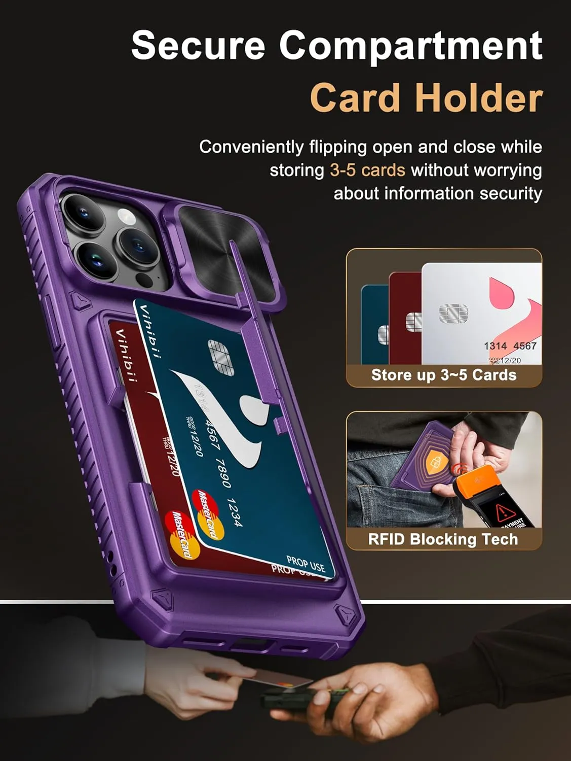 Vihibii for iPhone 14 Pro Max Wallet Case, Built-in Card Holder (4 Cards), [RFID Blocking] & Slide Camera Cover, Military Grade Drop Protection, Rugged Hard Wallet Case, 6.7" 2022, Dark Purple